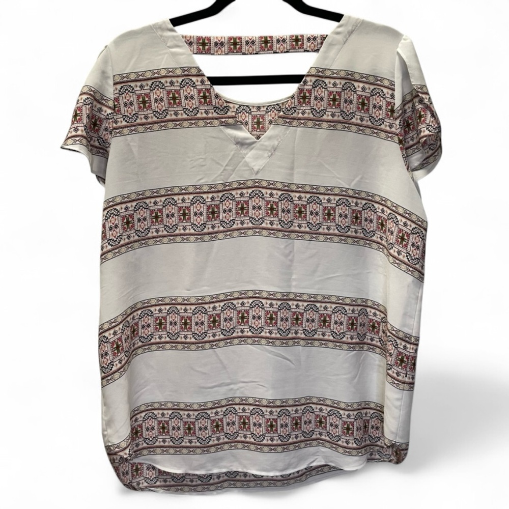 LOFT Outlet Geometric Boho Blouse White Southwestern Print Cutout Back Women’s L - Picture 5 of 8